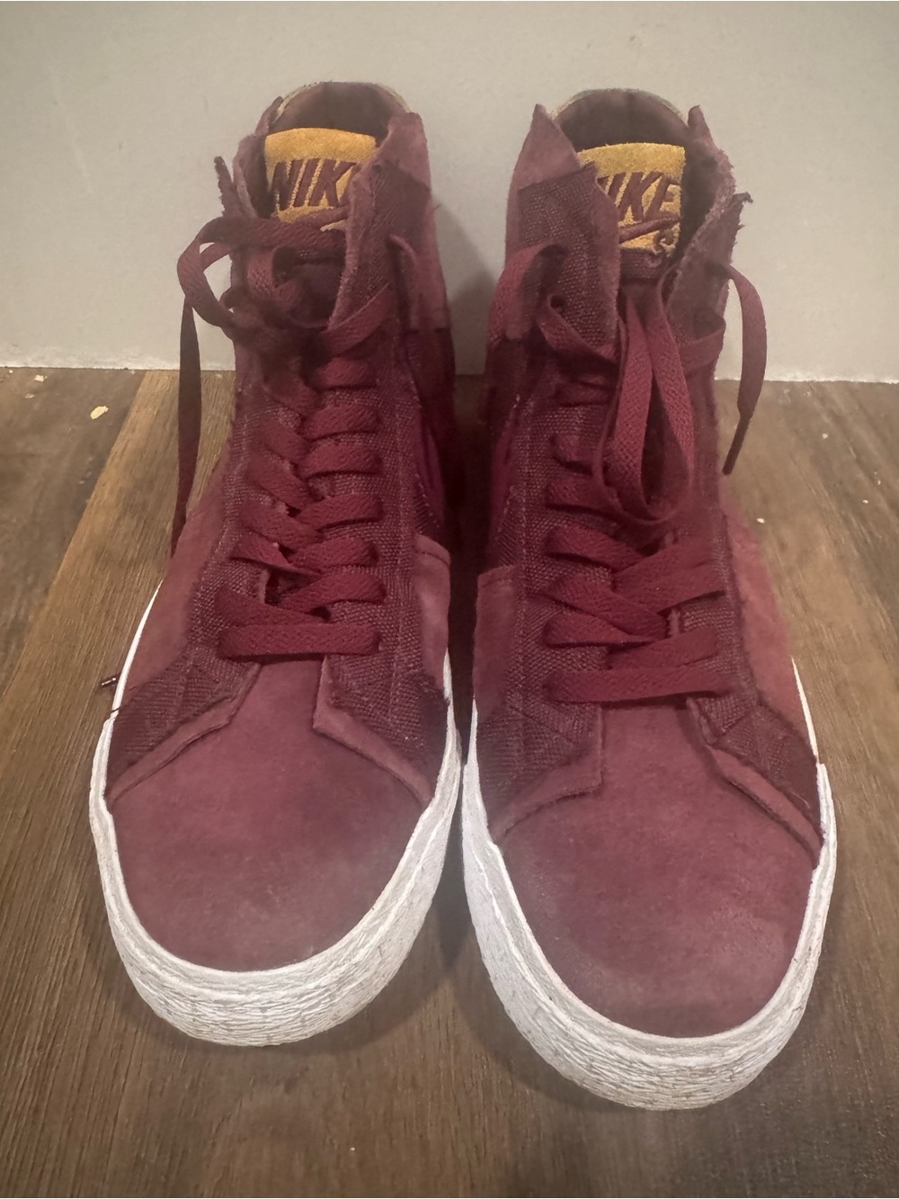 Nike Men’s Burgundy High-Top Sneakers with Gold Tongue Logo